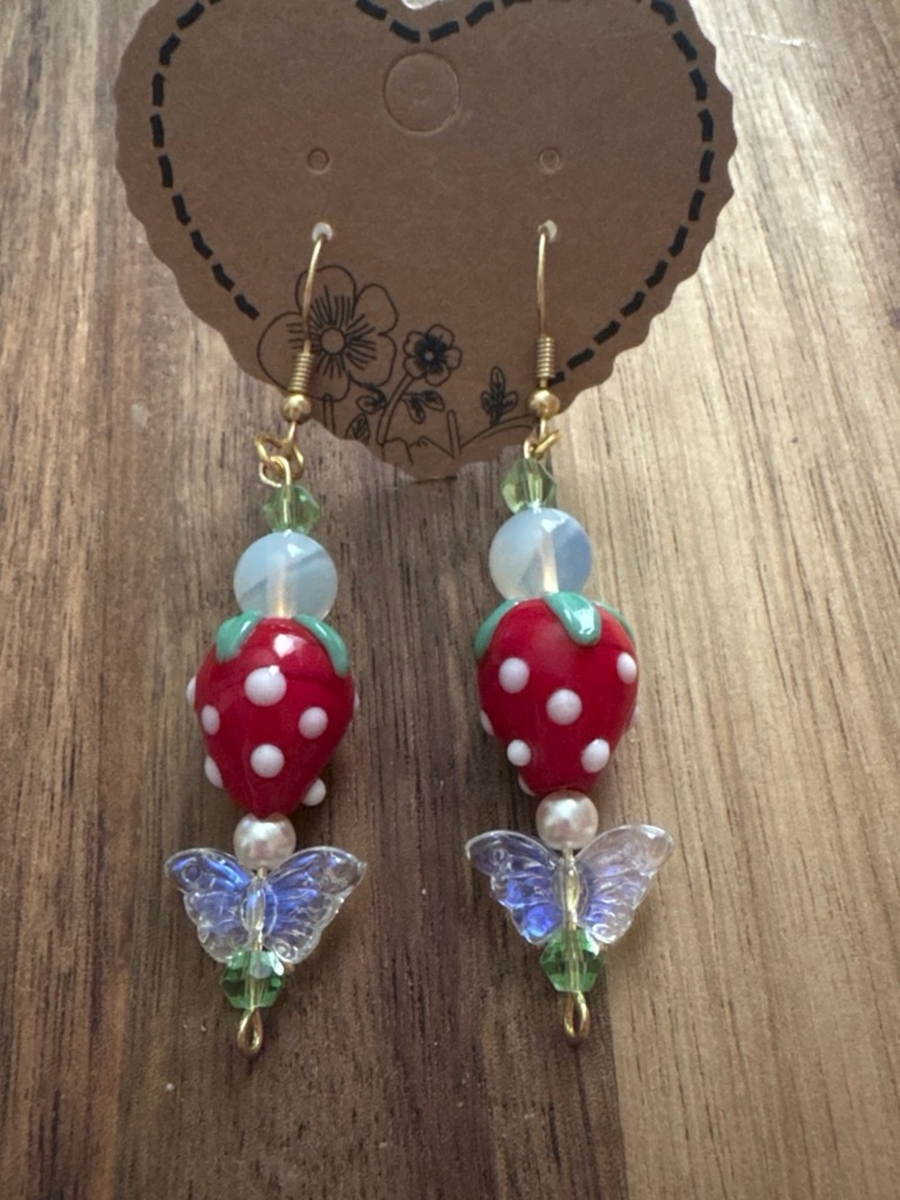 Handmade Strawberry & Iridescent Butterfly Dangle Earrings - Gold
